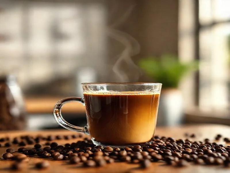 Steaming ceramic coffee mug next to a leather-bound journal and vintage fountain pen.