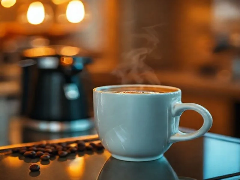 A vintage coffee roasting machine in operation, with warm light.